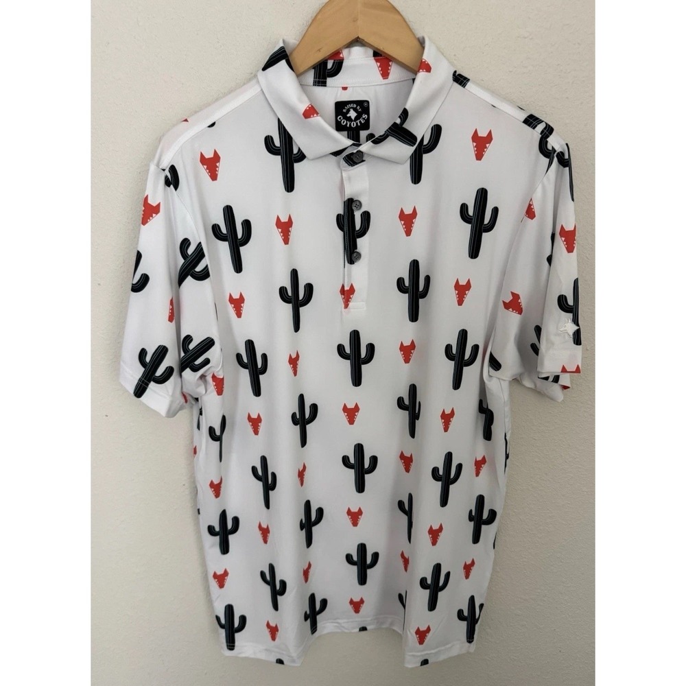 NWOT Raised by Coyotes Cactus Print Polo Shirt‎ Men's M White Performance Golf
